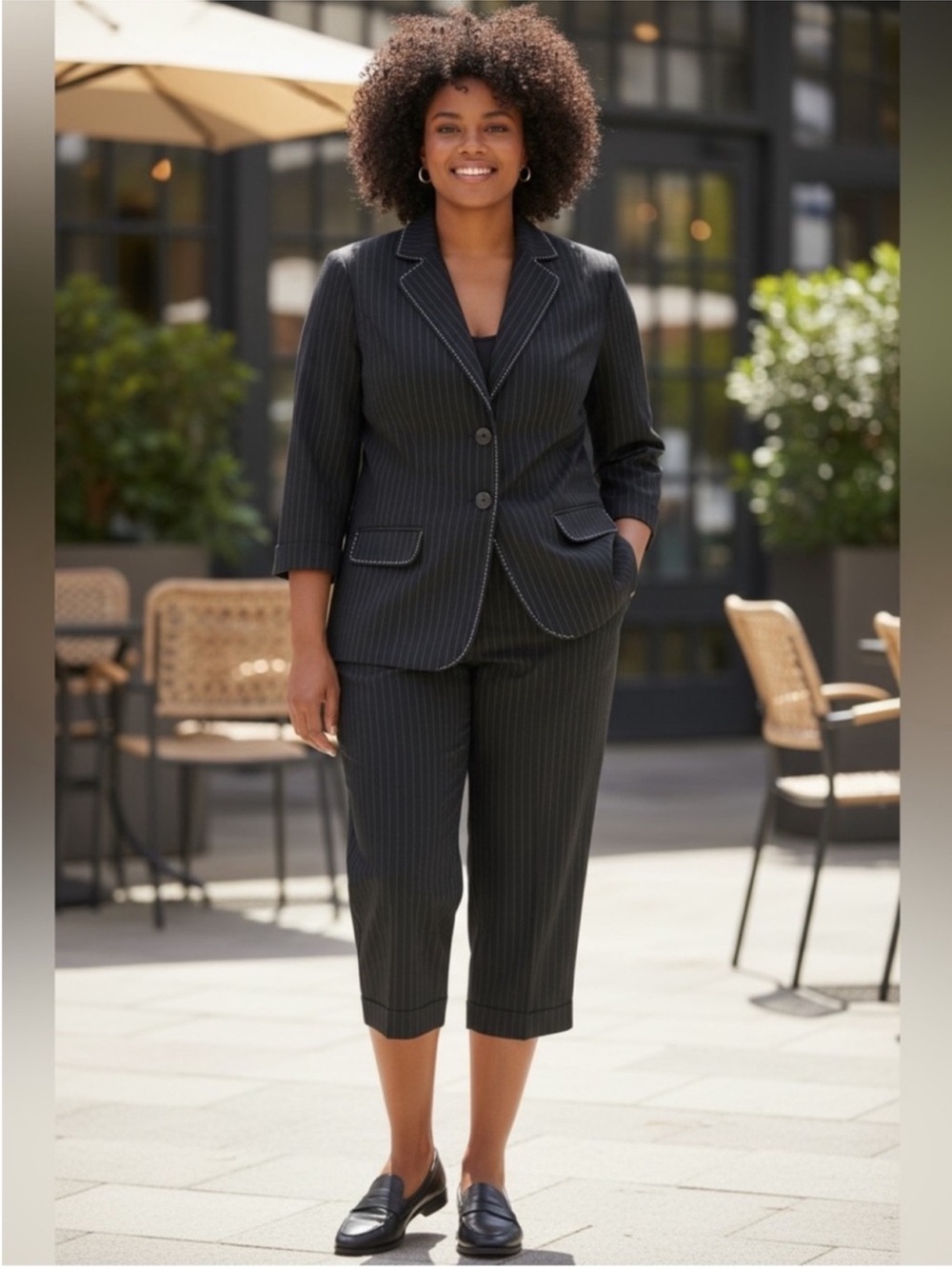 Studio Women’s Black Pinstripe Cropped Dress Pants with Jacket